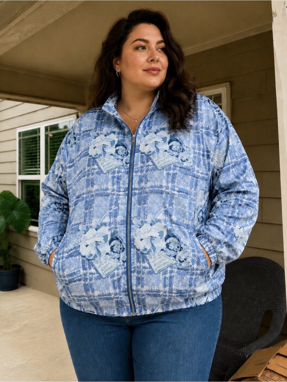 Vintage EVR Div Rousso Apparel Women's Silk Blue White Bomber Jacket Size 2X